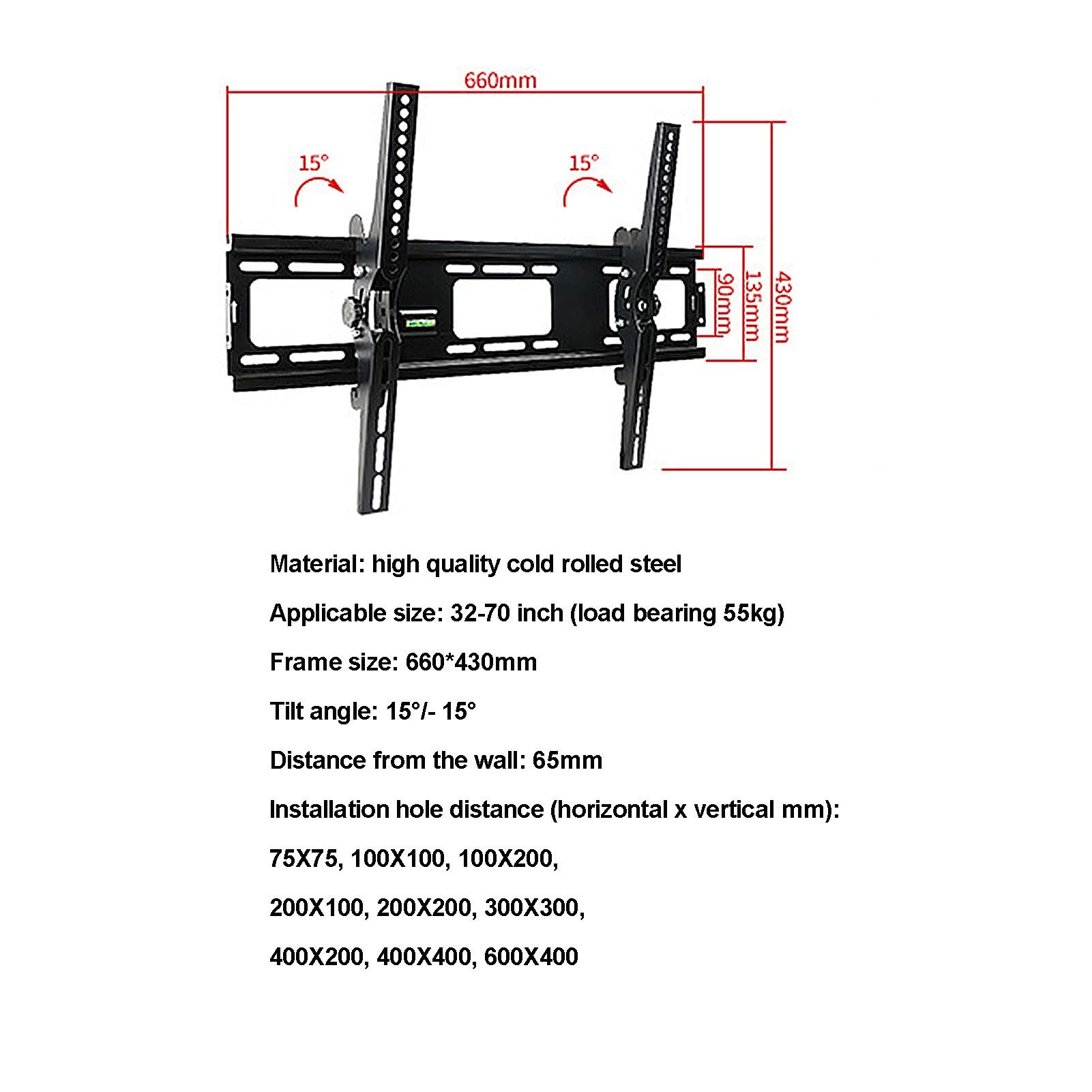LIU- Soporte De Pared Inclinable for TV for La Mayoría De Los Televisores OLED 4K con Pantalla Plana LED LCD De 32-70", VESA 75X75mm-600x400mm, Capacidad De Peso hasta 55 Kg