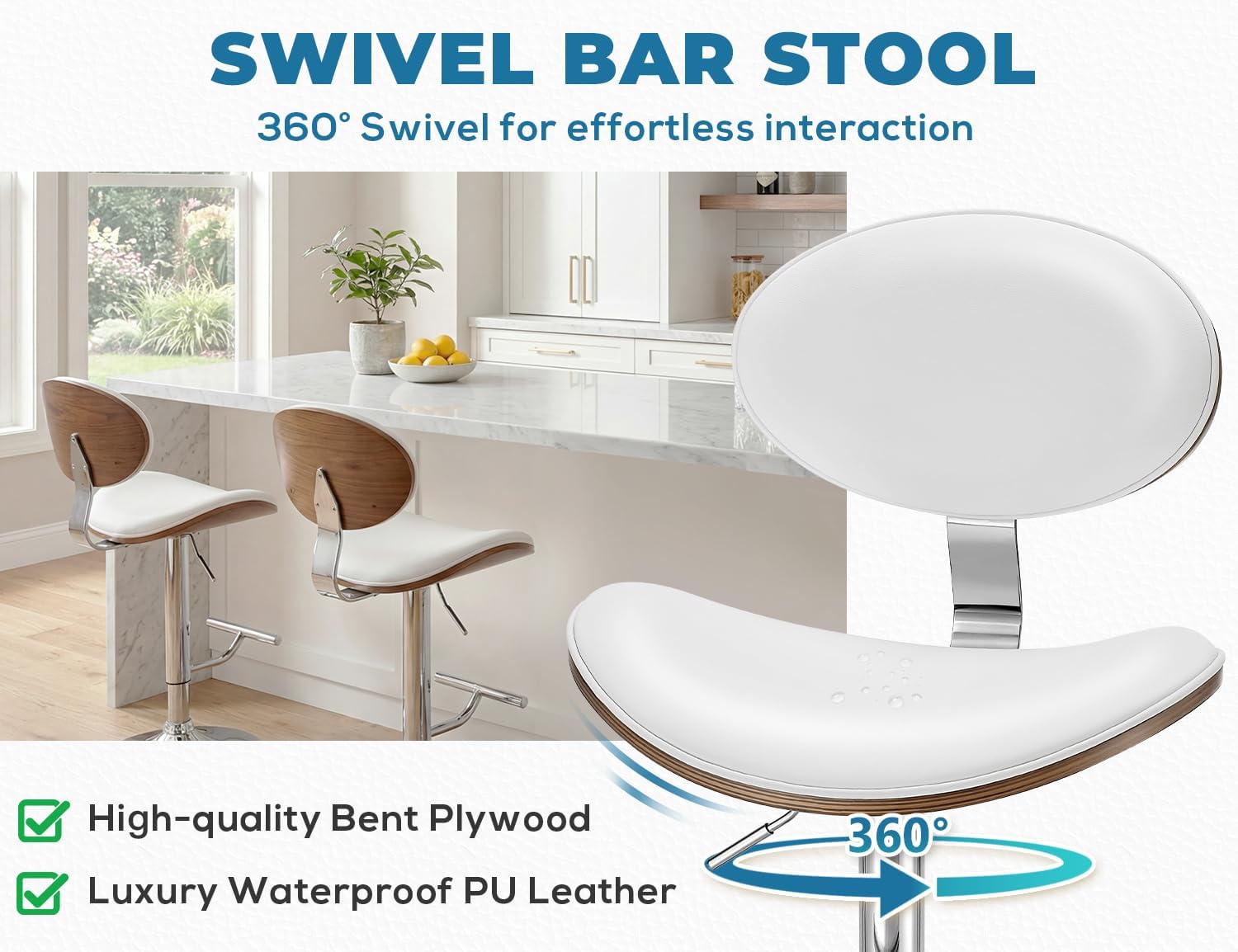 Adjustable Height Barstools Set of 4: Swivel Modern Kitchen Counter Bar Stools, Leather Upholstered Bar Chairs with Walnut Bent Plywood Backrest & Footrest for Island, Dining Room Pub, White
