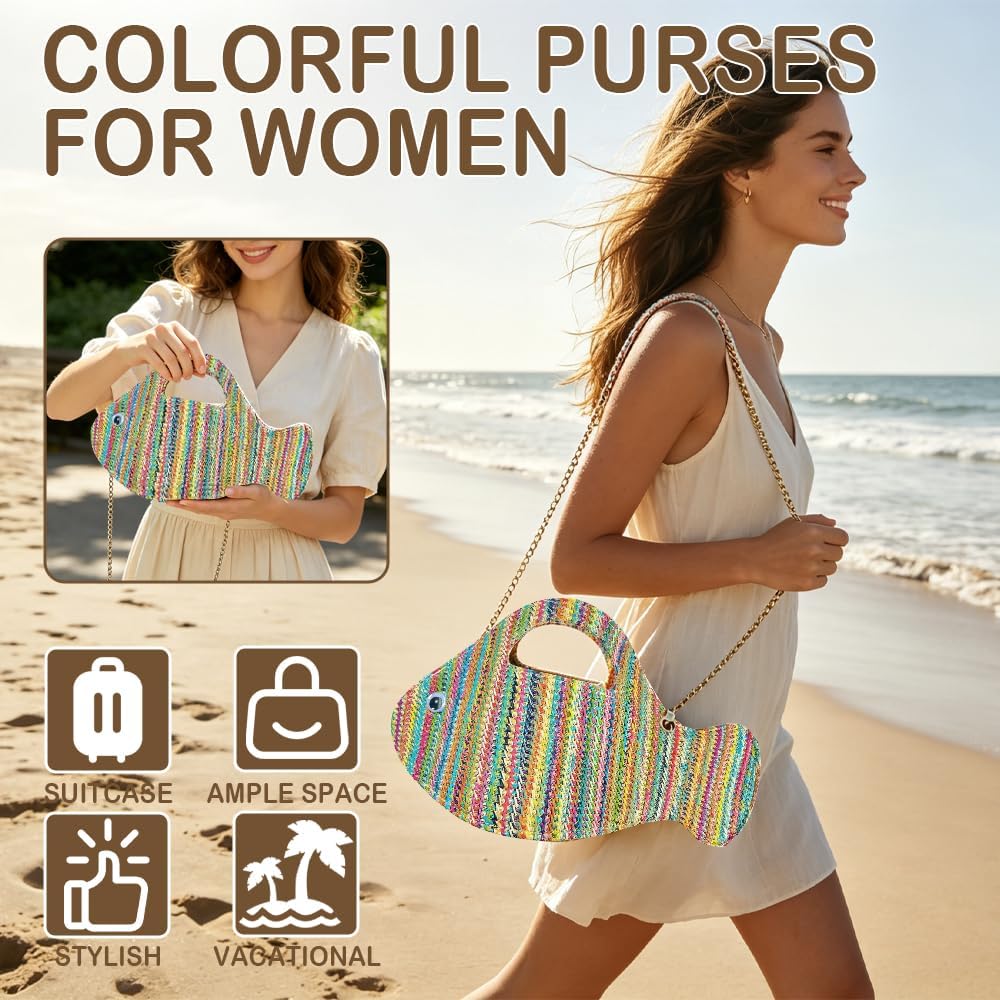 2026 New Women's Colorful Fish Purse Straw Woven Unique Fish Clutch Summer Fish Shaped Shoulder Bag Colorful Purse Suitable for Vacation Beach Party image 3