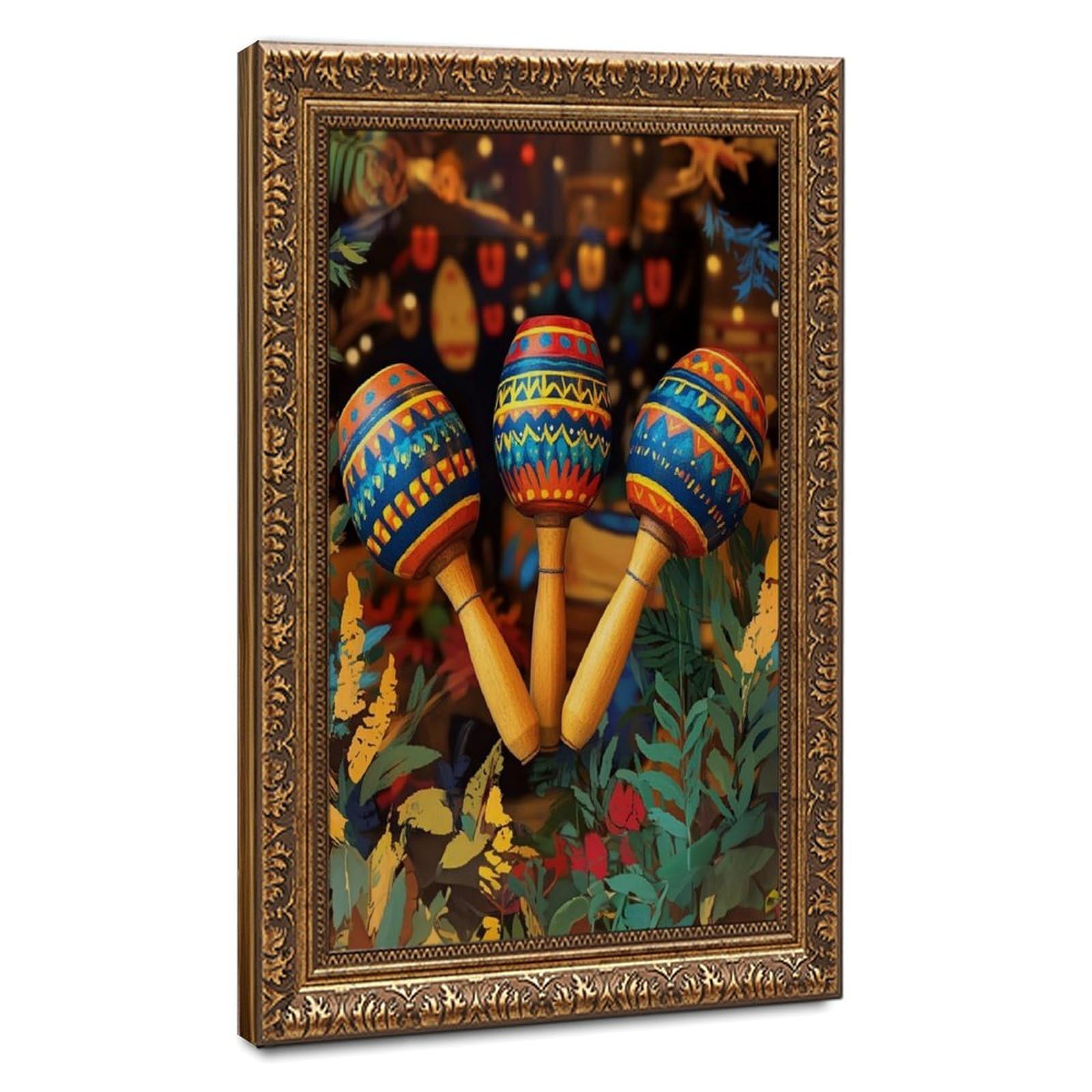 Lxwnze Retro Gold Frame-Style Festive Mexican Maracas Art Canvas Poster For Dorm Room Decor Gift