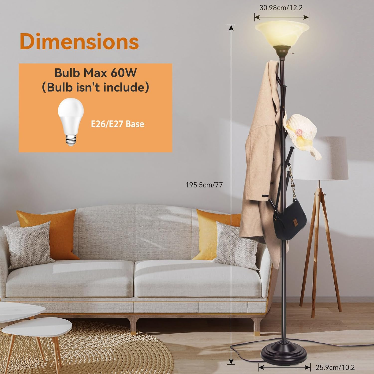 HonoDing Torchiere Floor Lamp Standing Coat Rack Tree for Living Room,Standing Lamps with 6 Hooks, Coat Rack Lamp with Glass Shade, Iron Dark Brown Corner Lamps for Bedroom, Office, Reading