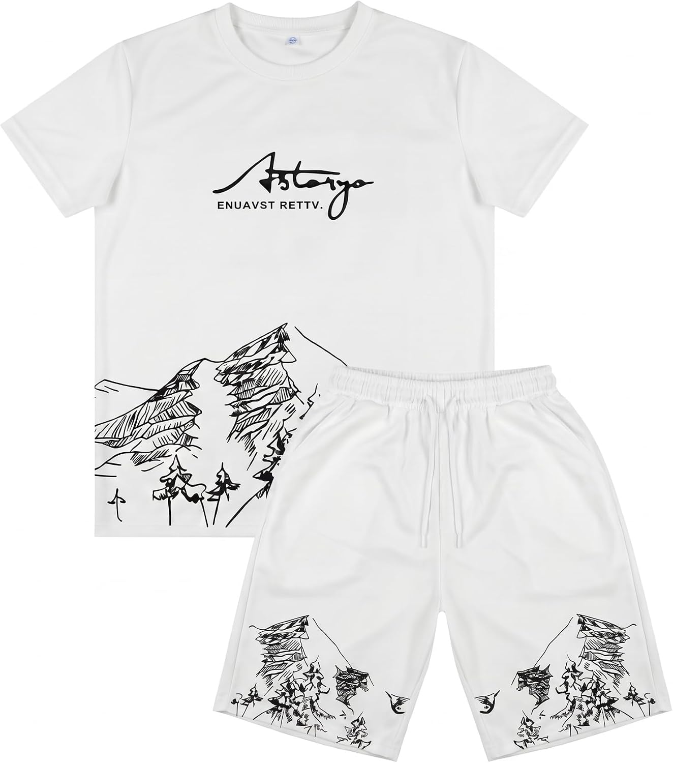 Men's 2 Piece Mountain Graphic Outfit Oversized Short Sleeve T-Shirt & Shorts Set Summer Casual Tracksuit