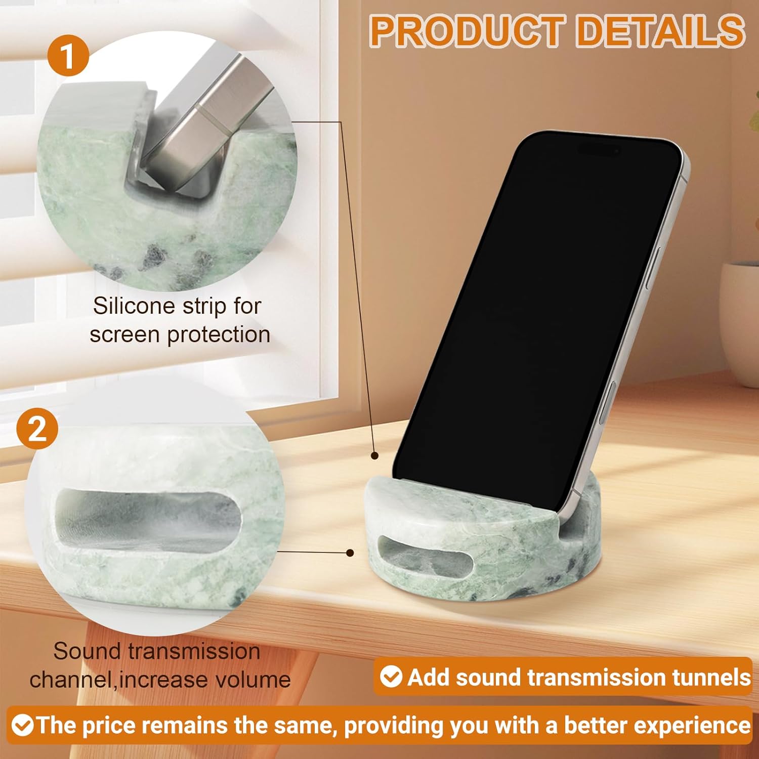Elegant and Versatile Green Marble Phone Stand with Sound Amplified Output iPhone Phone Holder Function for Office Desk,Kitchen Counter,Bathroom,and Bedside - Image 5