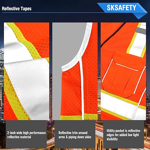 Miniatura 5 de SKSAFETY Chaleco de seguridad de nivel profesional de 10 bolsillos, chaleco de seguridad de alta visibilidad clase 2 con cremallera, chaleco de alta