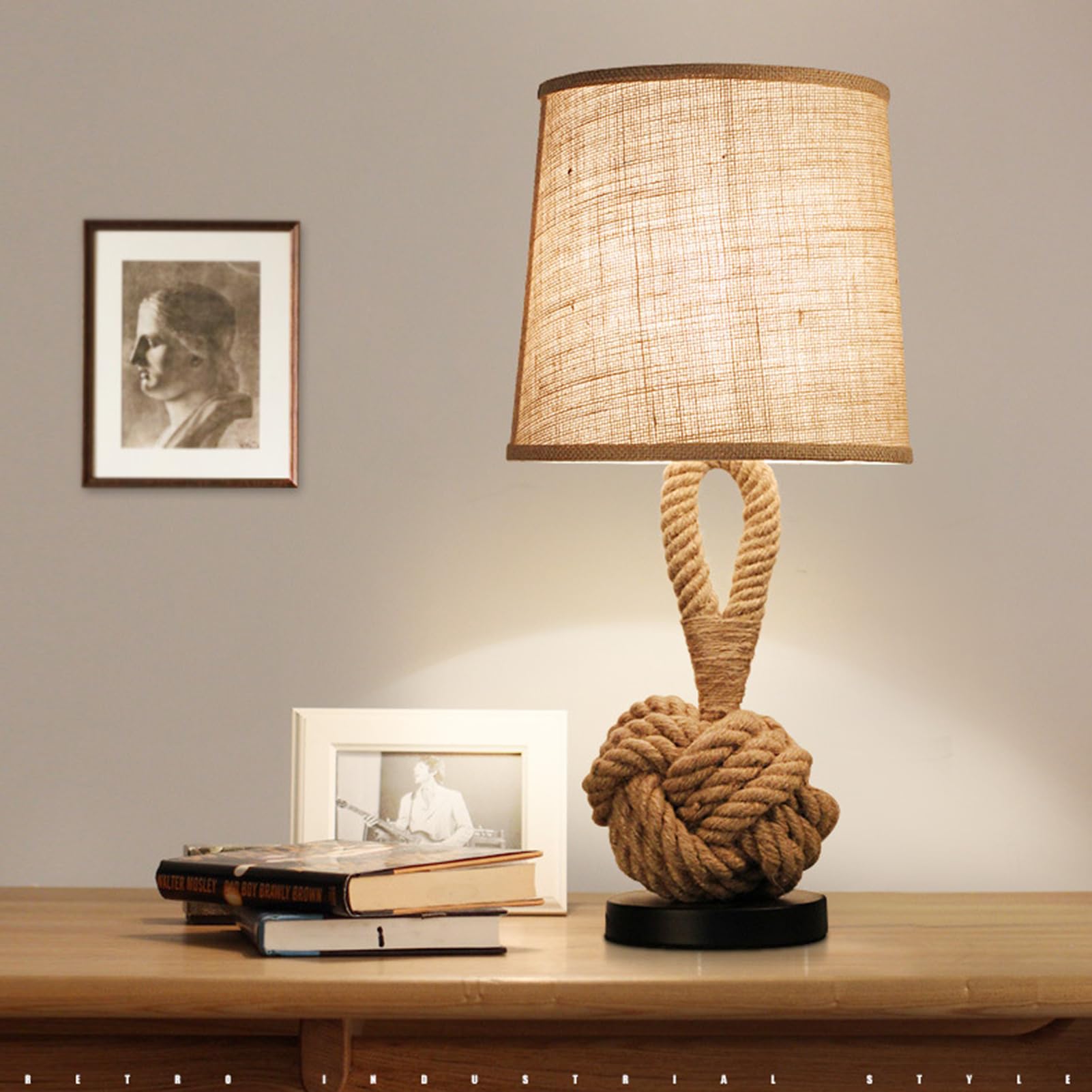 Lámpara De Mesa De Cuerda, Lámpara De Mesita De Noche De 57cm Estilo Náutico Para Dormitorio O Estudio, Pantalla De Lino, Lámpara Decorativa De Cuerda Anudada Estilo Boho Para Salón, Escritorio, E27