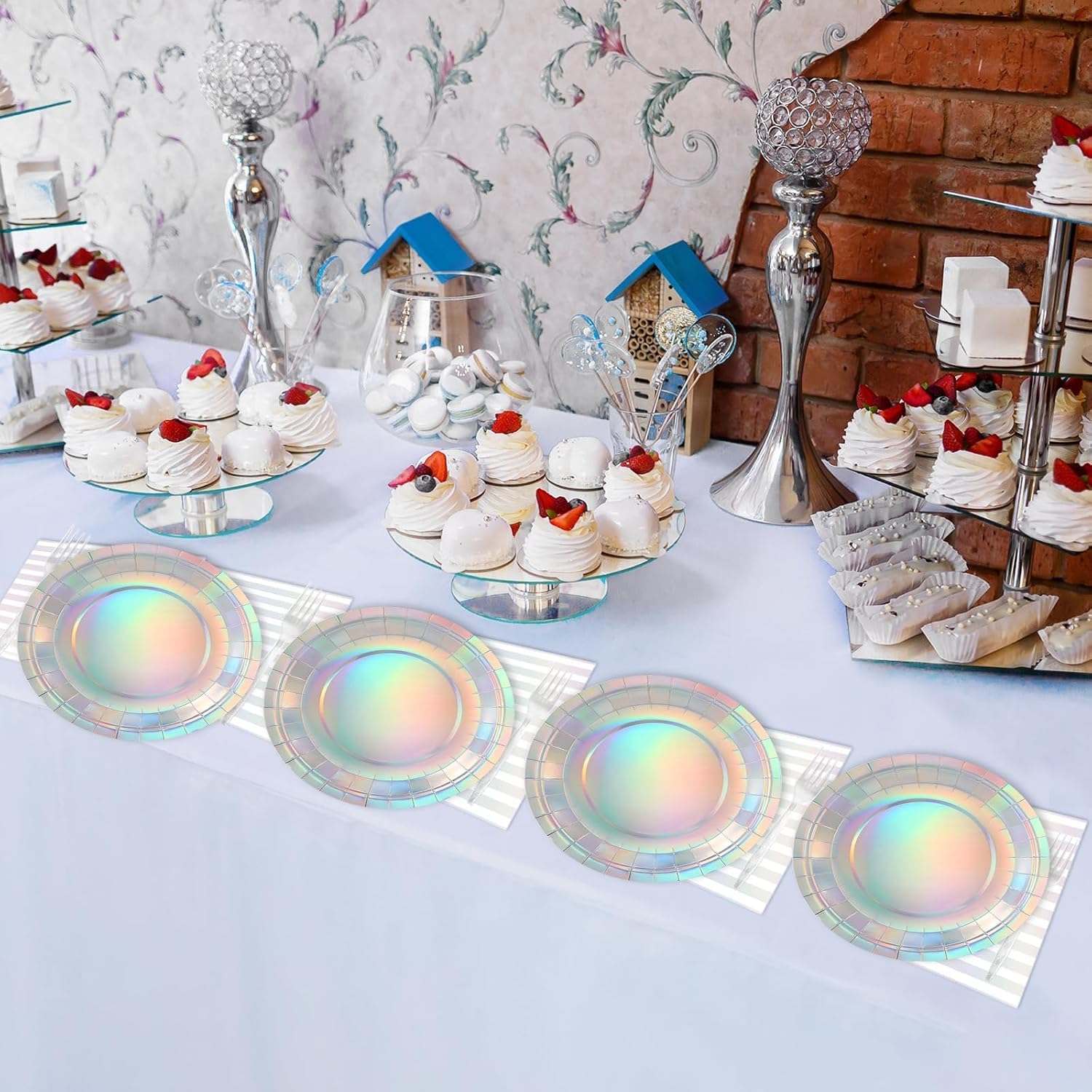 ZOIIWA 96 Pieces Iridescent Party Plates Iridescent Birthday Party Decorations Silver Themed Paper Plates and Napkins Silver Birthday Disposable Dessert Tableware Set Baby Shower Supplies 24 Guests