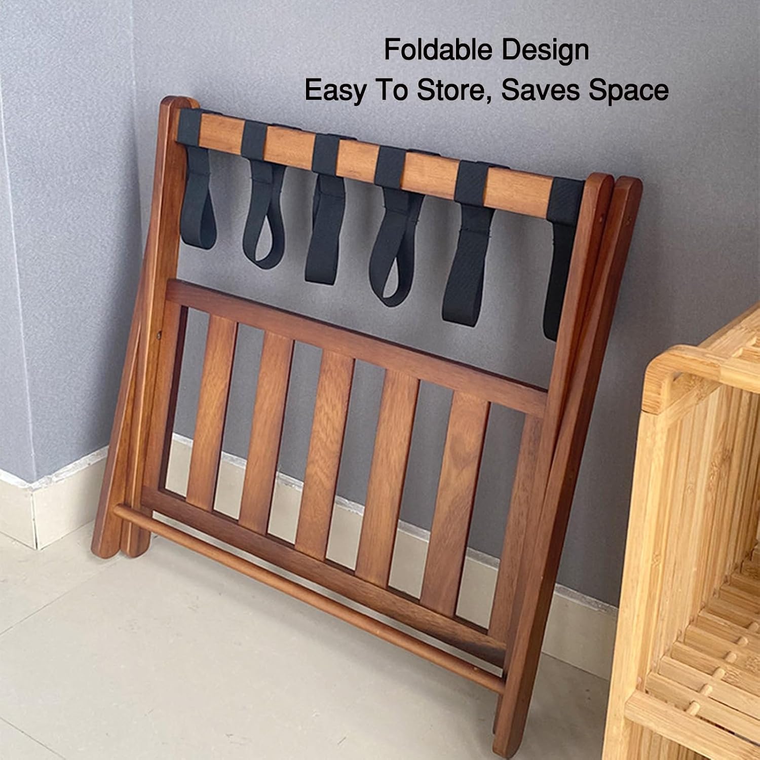 Double-layer Wooden Luggage Rack, Foldable Luggage Support, Can Hold Up To 110 Pounds, Suitable for Guest Rooms, Bedrooms and Hotels