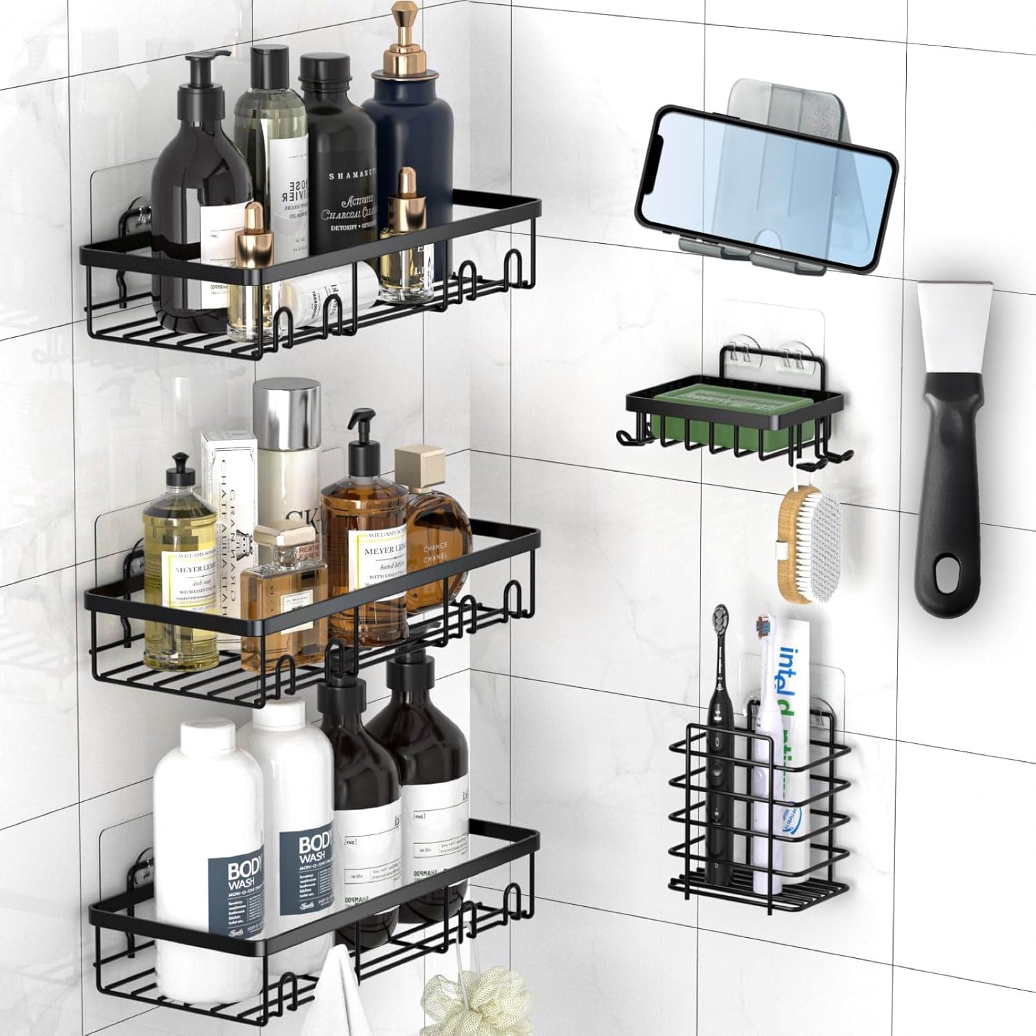 Rustproof Shower Caddy 7-Pack, Adhesive Shower Shelves with Phone Holder, No Drilling Inside Shower Organizer, Large Capacity Wall-Mounted Bathroom Essential, Removable RV Shower Storage