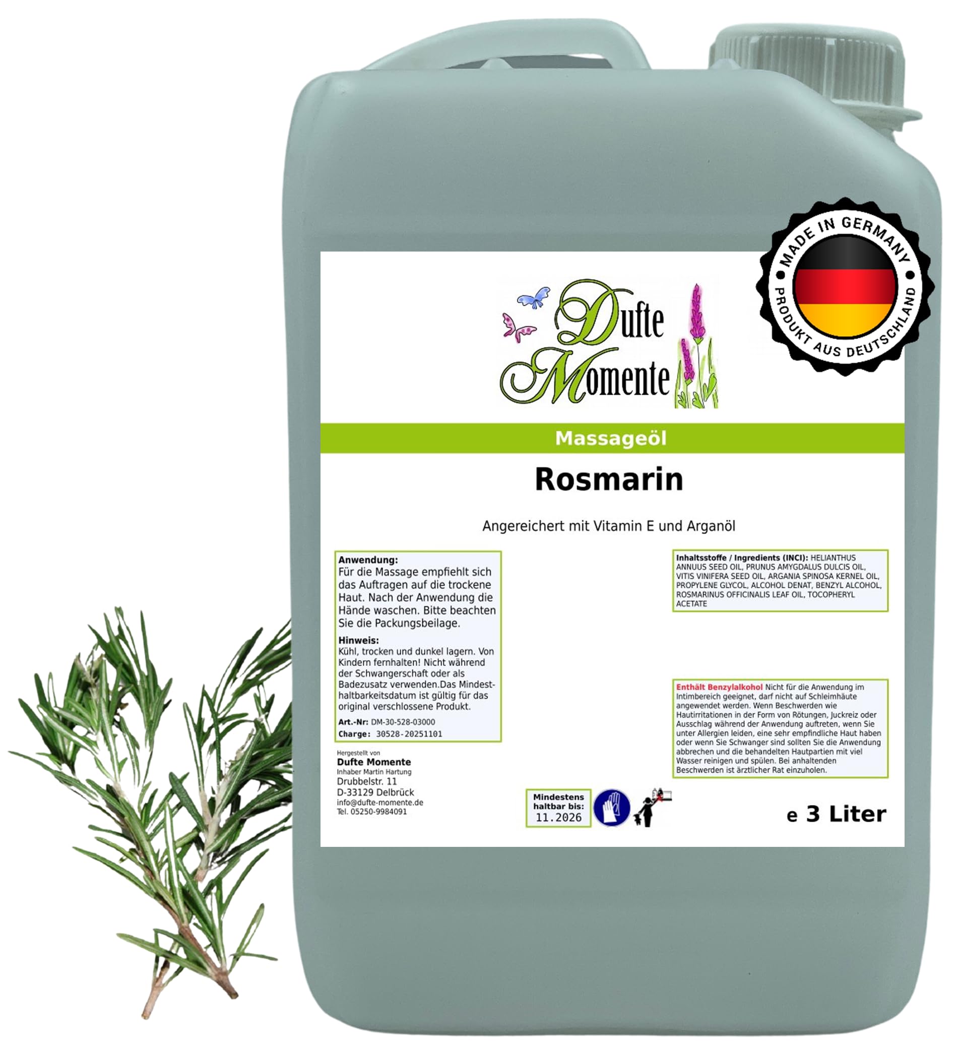 Dufte Momente Massageöl Rosmarin – 3 Liter – Pflanzenölbasis mit ätherischem Rosmarinöl – aromatisch & belebend – für Massage & Wellness – vegan & Made in Germany