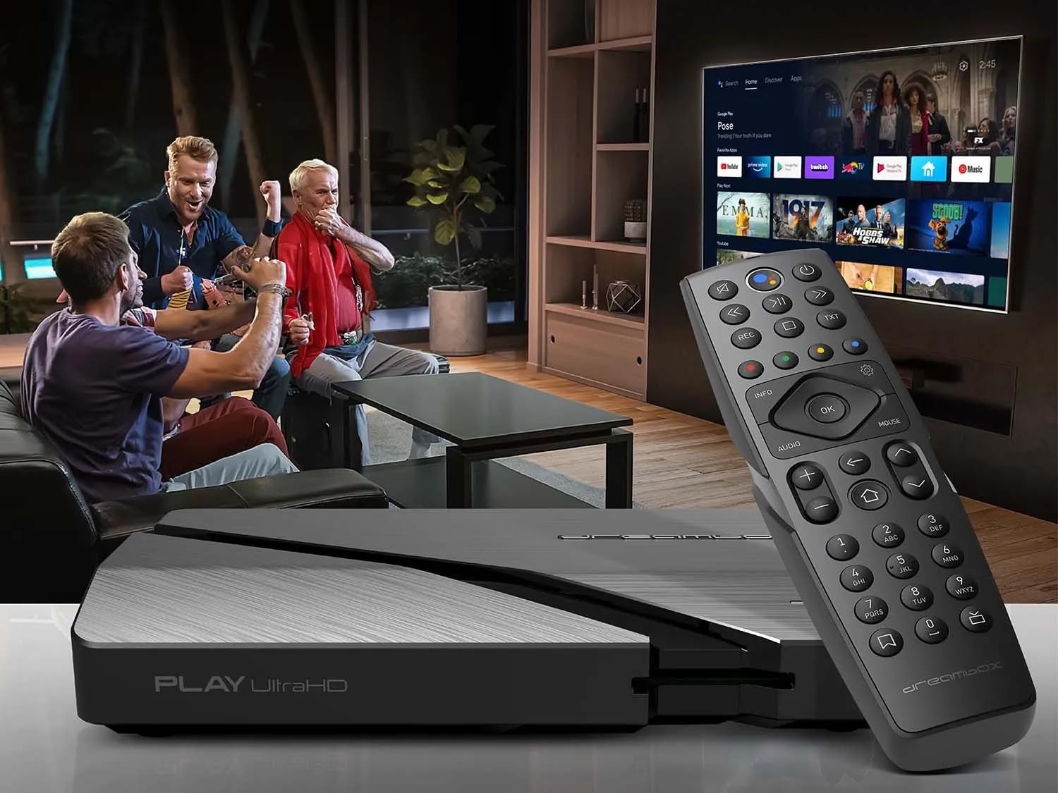Dreambox Play UHD Android TV Box Schwarz | 4K HDR Media OTT-Player mit AV1, HDMI 2.1, Bluetooth 5.1, Dual-WiFi, Android 11 | Kompakt & leistungsstark – inkl. RC20 Remote und HTS e-com HDMI