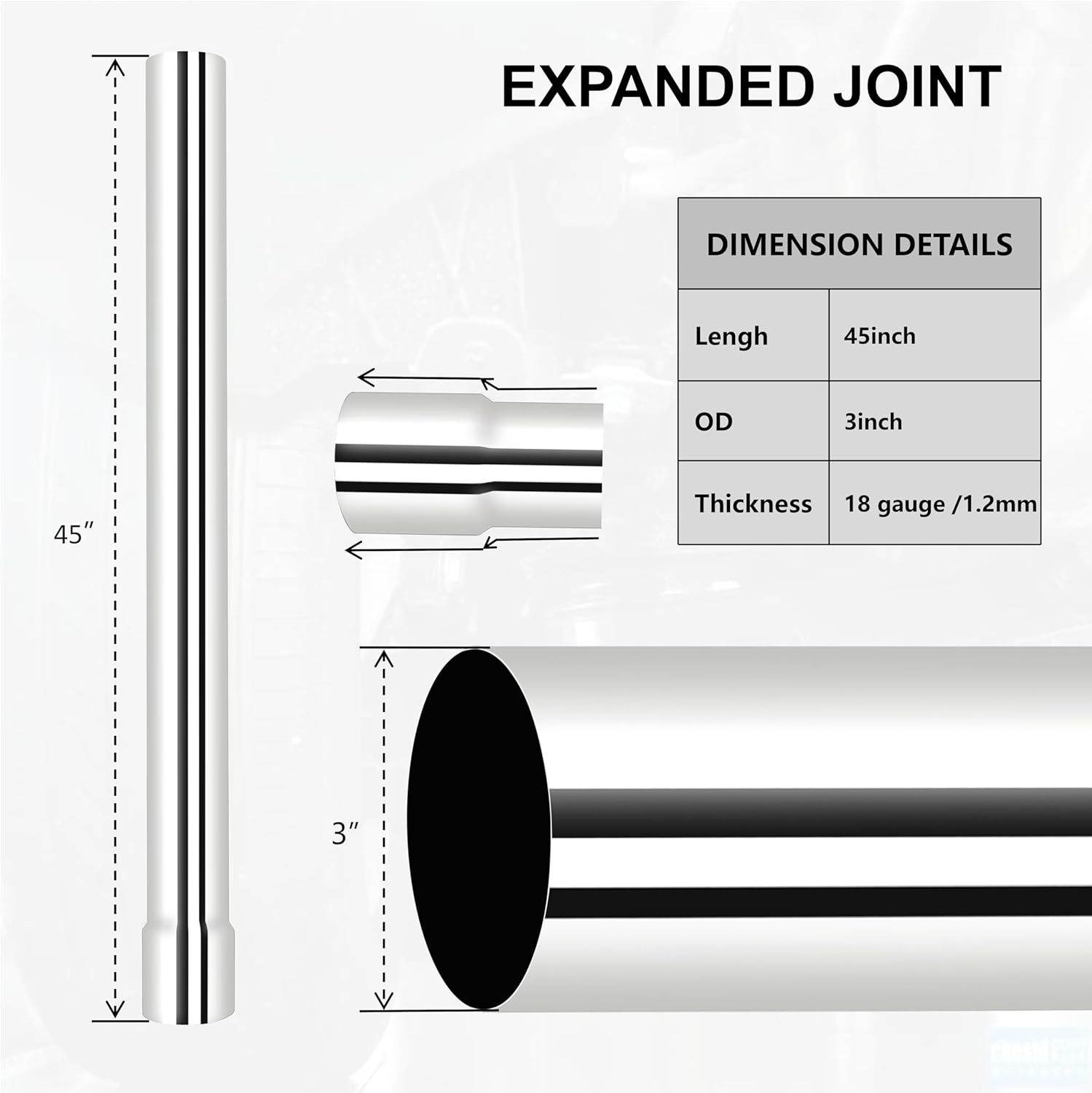 Universal 3 Inch 304 Stainless Steel Straight Exhaust Pipe, 45 Inch Length, 0.048 Inch Thickness -2PCS