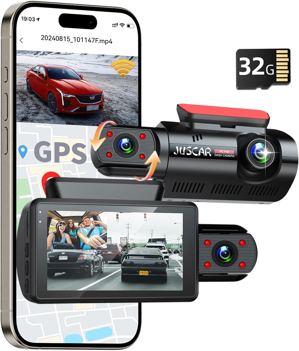 WiFi 2K Dual Dash Cam with GPS, 2K+1080P Front and Inside Car Camera, Free 32G Card, Dash Camera for Cars with Super Night Vision, 3″ IPS Screen, 24H Parking Mode, G-Sensor, Loop Recording