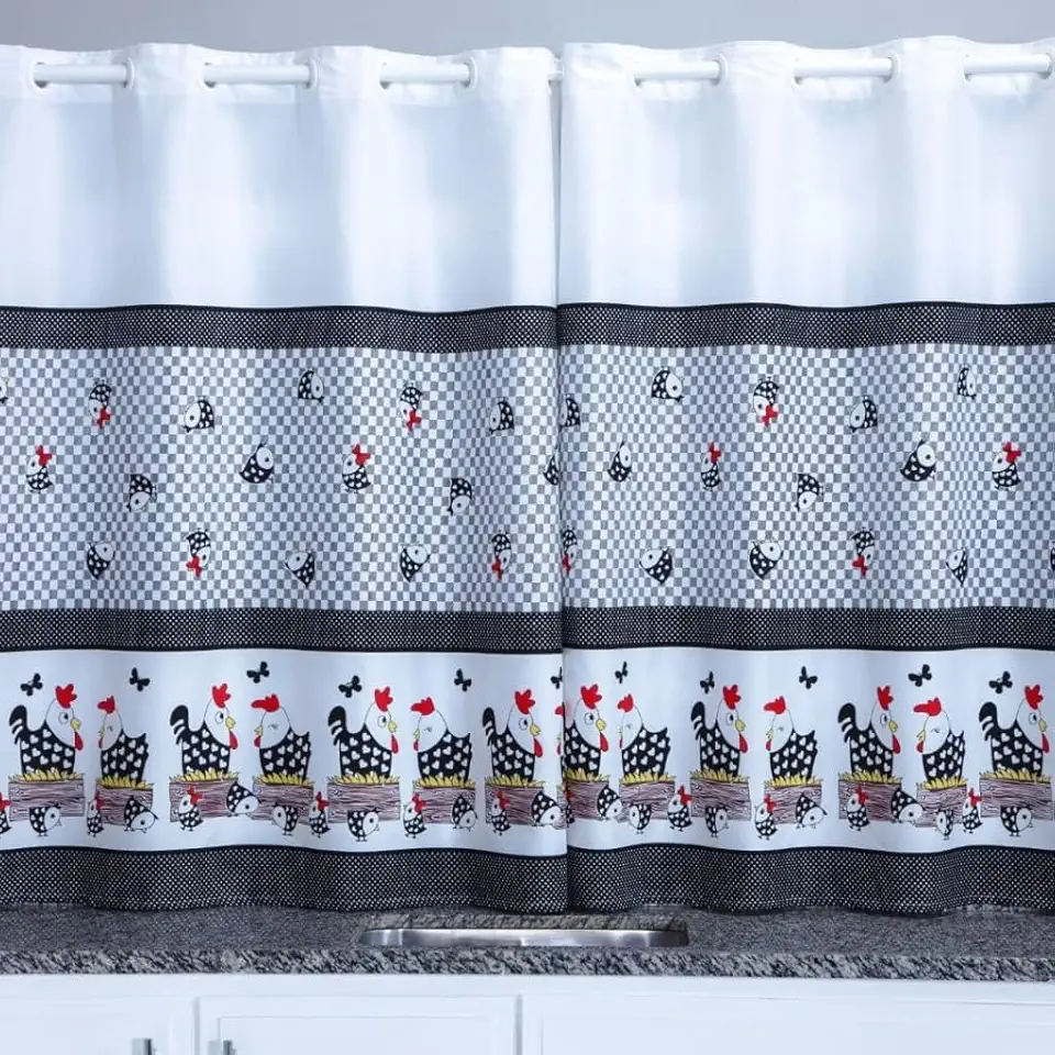 Cortina Cozinha Oxford 2,00x1,40 Estampada Cappuccino Janela Vitrô Ilhós Blackout Blecaute Decorativa Poliéster Varão (Galinha)