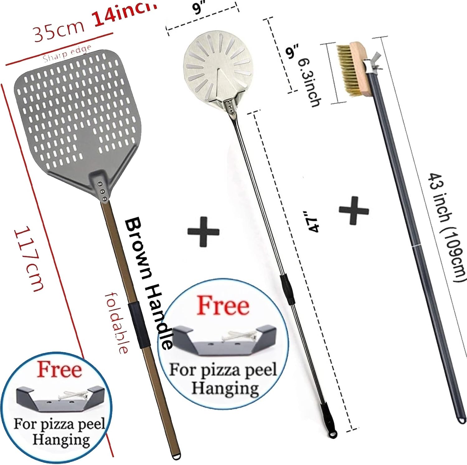 14" Square Pizza Peel and 9" Round Pizza Spatula, 43" Copper Brush, Pizza Oven Tool Set, High Temperature Resistant Detachable Handle, Homemade Bread Baking, Gift Hook