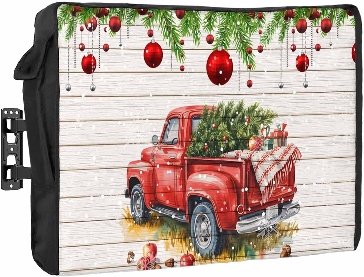 Christmas Outdoor TV Cover Christmas Tree in Truck Wood Grain Waterproof and Weatherproof 60"-65" LCD Movable Shield TV Display Screen Protector Outside Television Covers 58"Wx37"H