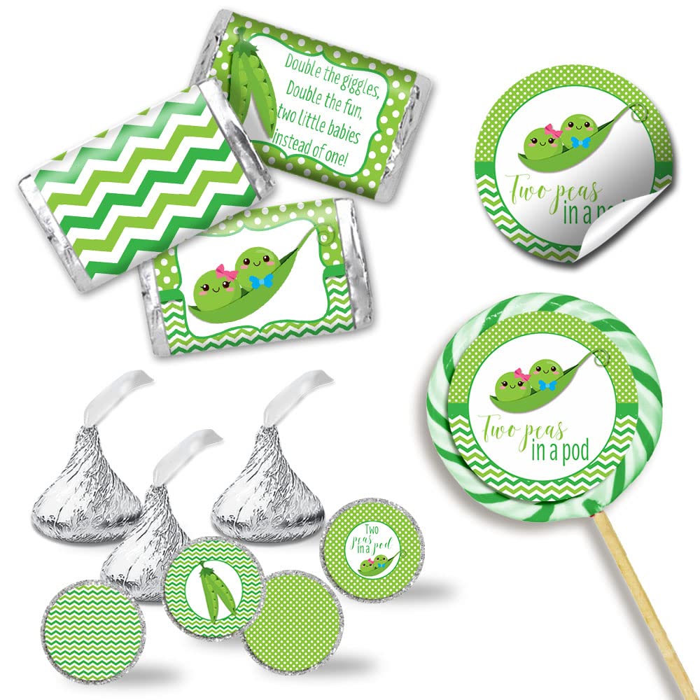 Two Peas in a Pod Twin Boy and Girl Baby Shower Sticker Bundle Kit - 429 Pieces - 60 2" Circle Stickers for Favors & Bags, 45 Mini Candy Wrappers &