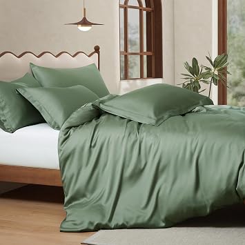 Manyshofu Sage Green Tencel Cotton Duvet Cover Set, 5 Piece Cooling Queen | Cooling Tencel Cotton Blend, Silky Smooth for Skin And Hair, Includes Decorative Shams, Machine Wash Softens