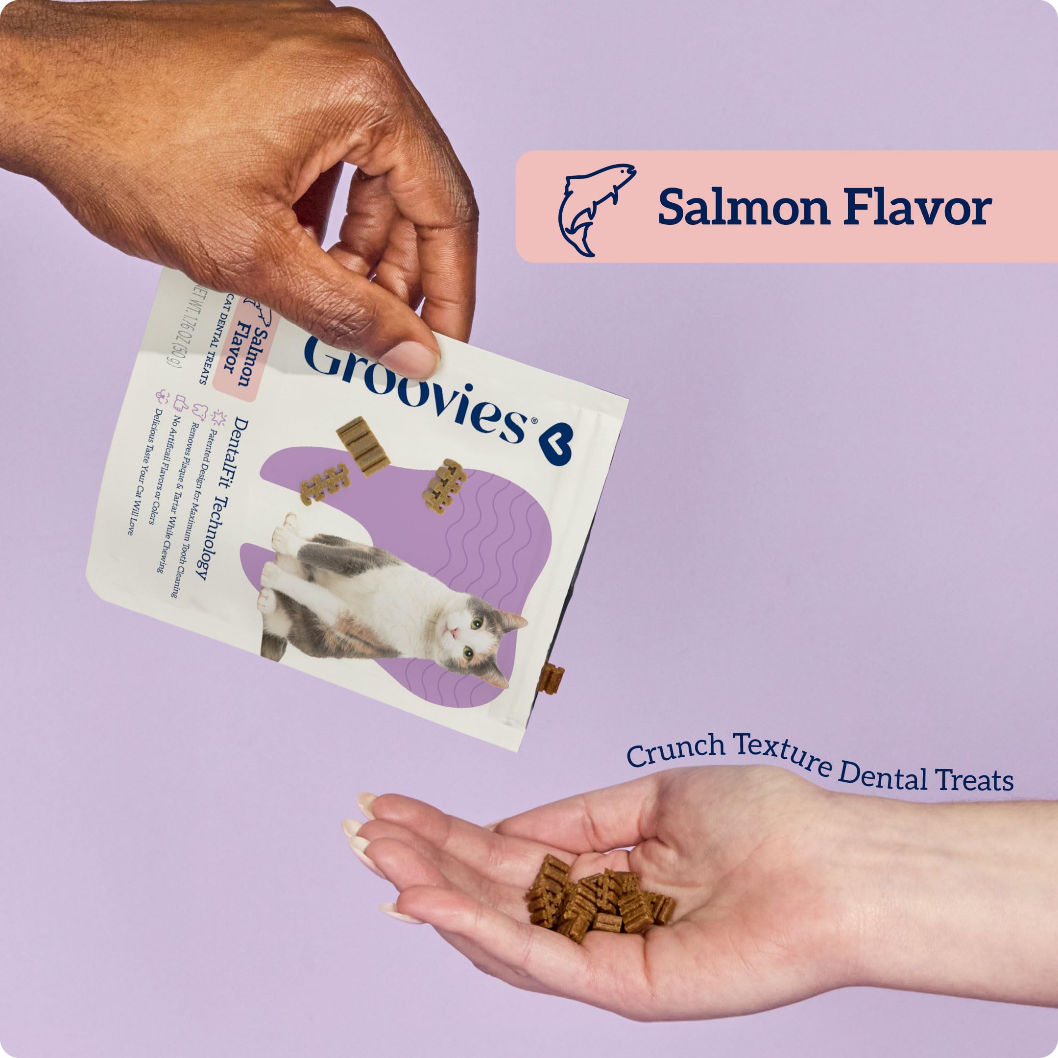 Groovies Cat Daily Dental Treats. Tasty, Crunchy Bites Cats Love. Salmon Flavor. Powered by USA-Patented DentalFit Technology. No Added Gluten, No Artificial Flavors or Colors. 1.76oz (115 Treats) - image 4