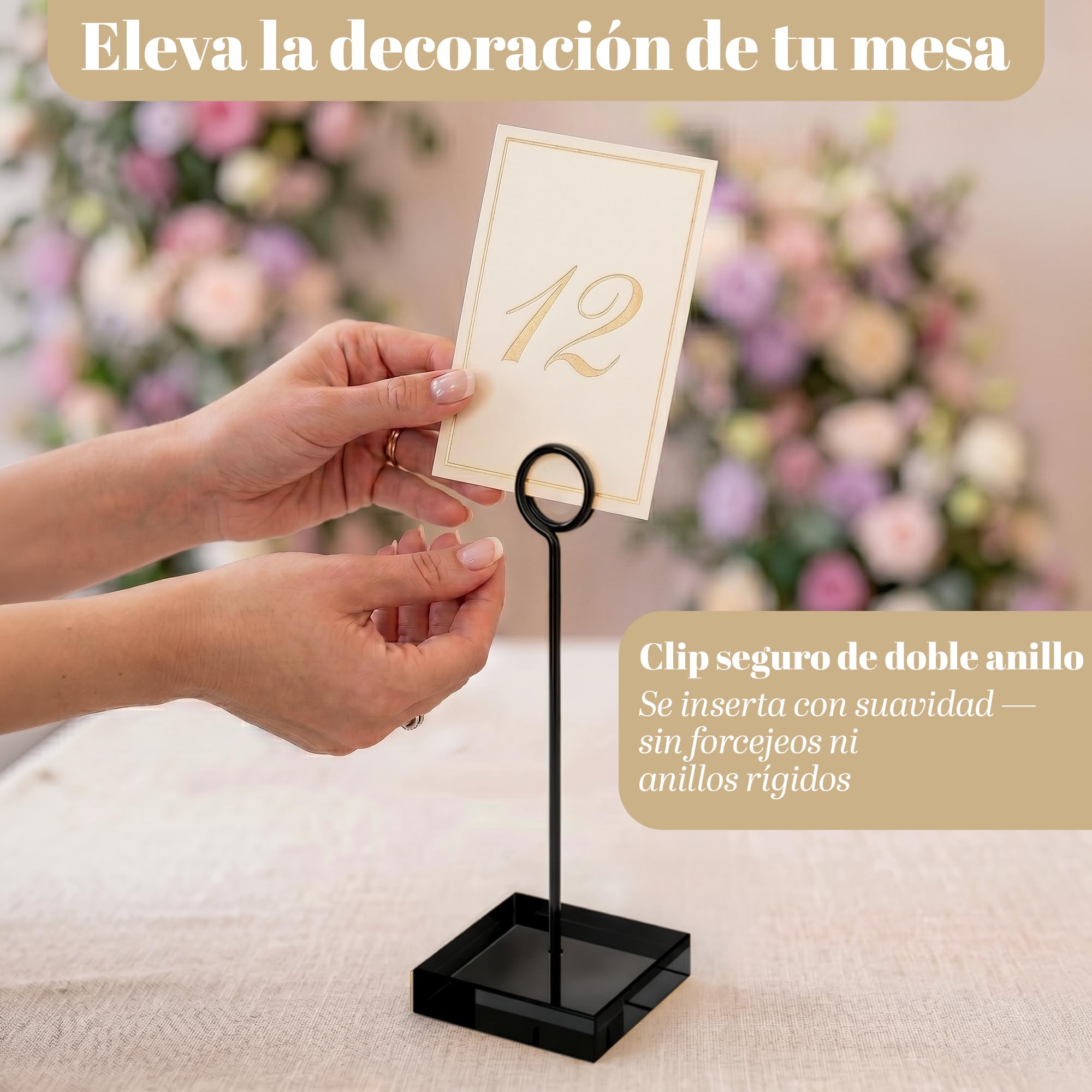 Juego de 12 soportes para números de mesa, soportes altos negros para mesas de boda, soportes de acrílico de lujo con base cuadrada de 2 pulgadas, soportes para letreros de mesa de 7.75 pulgadas para