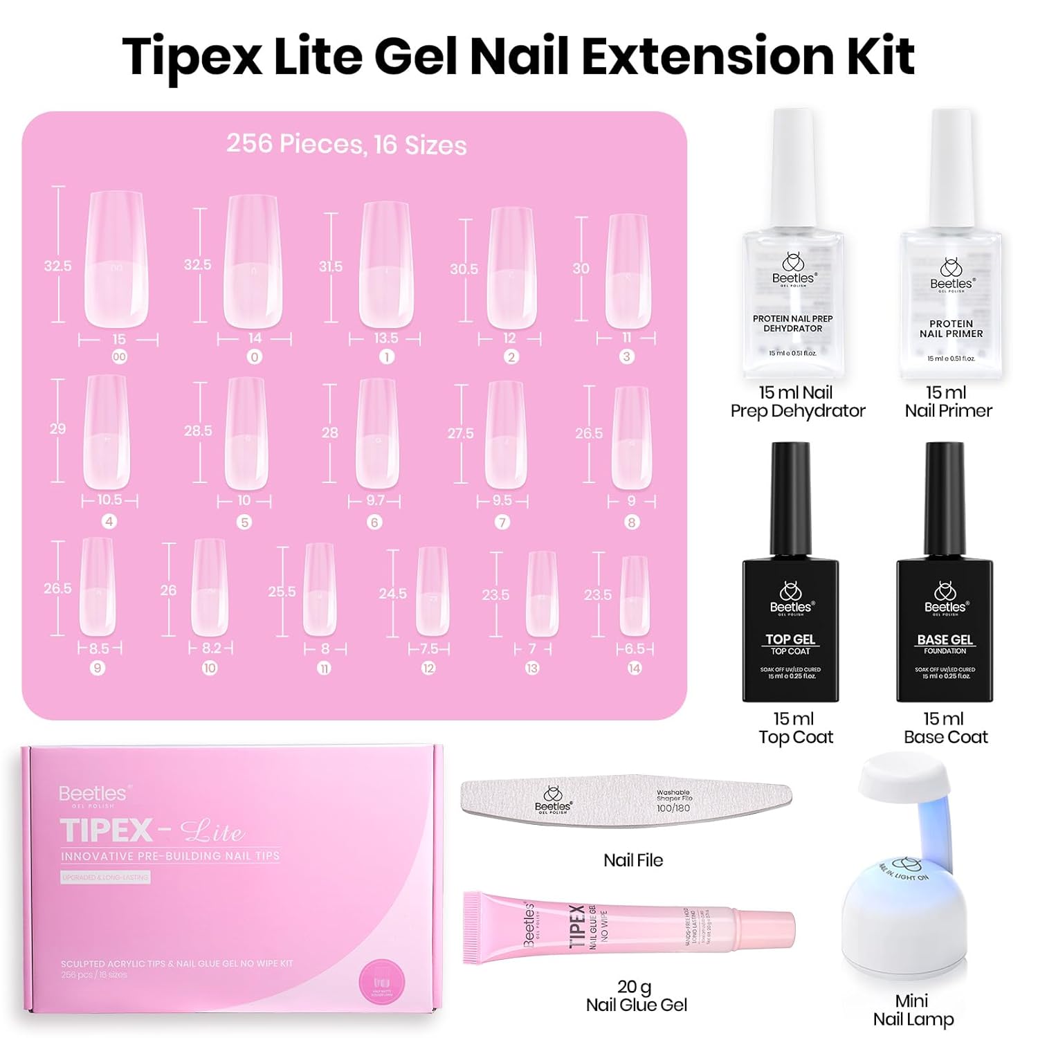 Beetles Tipex Lite Nail Tips Kit with Dehydrator & Primer, Long Square Full Cover Clear Nails 256PCS 16 Sizes, Mini UV Lamp, 20g Solid Nail Glue, Base & Top Coat, All-in-One Nail Starter Kit