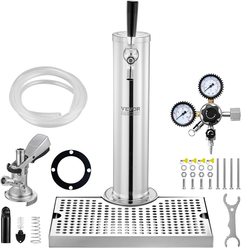 VEVOR Kegerator-Turm-Kit, Einzelzapfhahn-Bierumrüstsatz, Edelstahl-Fass-Bierturm-Zapfanlage mit Doppelmessgerät W21.8-Regler und A-System-Fasskupplung, Biertropfschale für Partys zu Hause