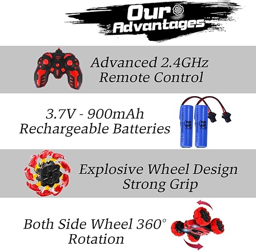 Miniatura 4 de Auto de control remoto, nuevo auto de juguete a control remoto de doble cara giratorio de 360 con faros LED, auto eléctrico recargable de acrobacias