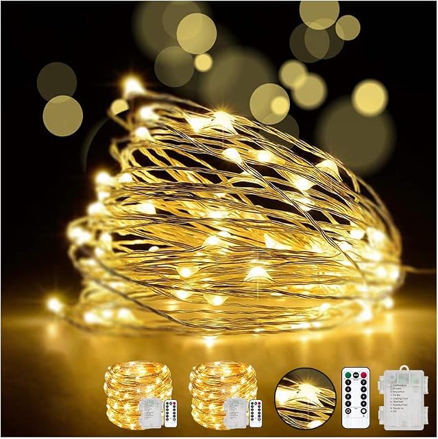 LED Fairy String Lights with Remote Control - 2 Set 100 LED 33ft/10m Micro Silver Wire Indoor Battery Operated Firefly String Lights for Garden Home Party Wedding Christmas Decoration(Warm White)