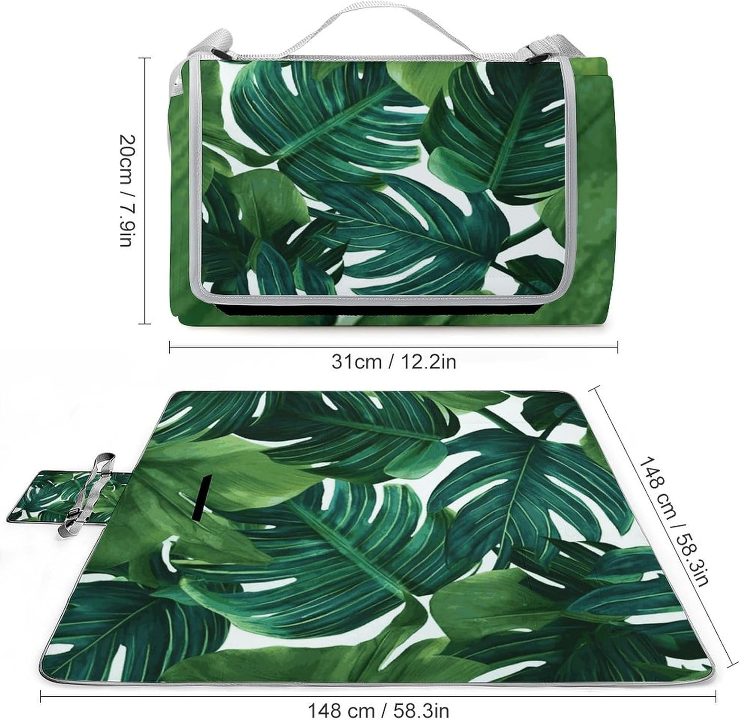 Outdoor Picnic Blanket Extra Large Beach Blanket Waterproof Picnic Mat Banana Leaves Camping Blanket Portable with Carry Strap Park Blanket for Grass Camping Park