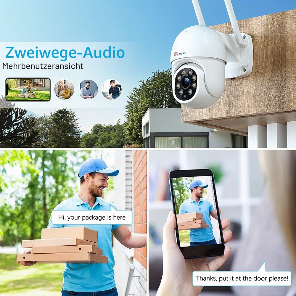 Ctronics 2.5K 4MP Überwachungskamera Aussen WLAN, PTZ 355°/90° Schwenkbar | 2,4/5GHz Dualband WiFi IP Kamera Outdoor mit Automatische Verfolgung, Personenerkennung, Farbiger Nachtsicht, IP66