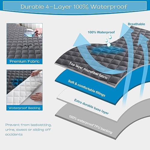 Miniatura 2 de GRT Funda de colchón acolchada de tamaño completo gris, 100% impermeable y transpirable, protector de colchón sin ruido, de algodón hueco, de 8 a 19