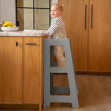 Toddler Tower 3-Level Adjustable Wooden Toddler Step Stool Grey