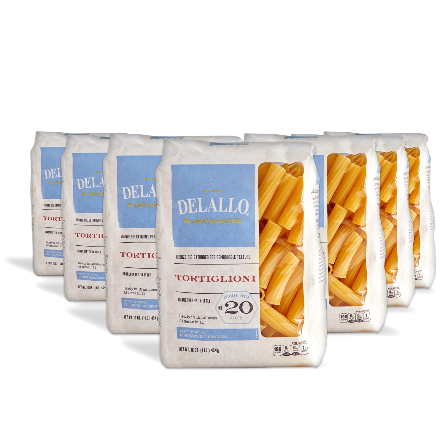 DeLallo Tortiglioni Pasta, 1 Pound Bag, 7 Pack, Tube Shape, Made with Durum Wheat Semolina Flour, Imported from Italy, Cooks in 9 Minutes, Non GMO