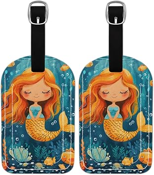 Mermaid Summer Luggage Name Tags for Suitcases 2 Pack PU Leather Luggage Tags Privacy Protection Travel Bag Labels Suitcase Tags Identifiers