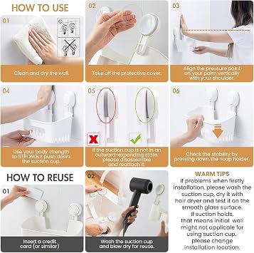 LEVERLOC Shower Caddy Suction Cup Toothbrush Holder One Second Installation NO-Drilling Removable PowerfulWaterproof Organizer