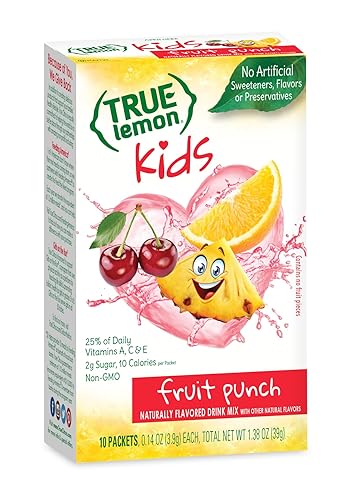True Lemon Kids Fruit Punch Mezcla de bebidas frutales sin edulcorantes artificiales ni sabores 10 unidades