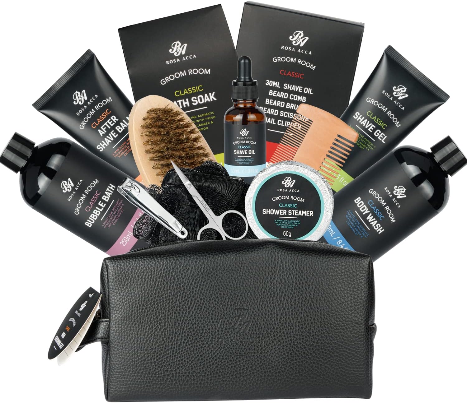 14 Pcs Bath & Body Gift Set for Men, Father's Day Gifts, Beard Grooming, Home Spa & Self Care Gift Basket, Shave Gel, Leather Bag, Christmas, Birthday, Anniversary, Dad, Husband, Boyfriend
