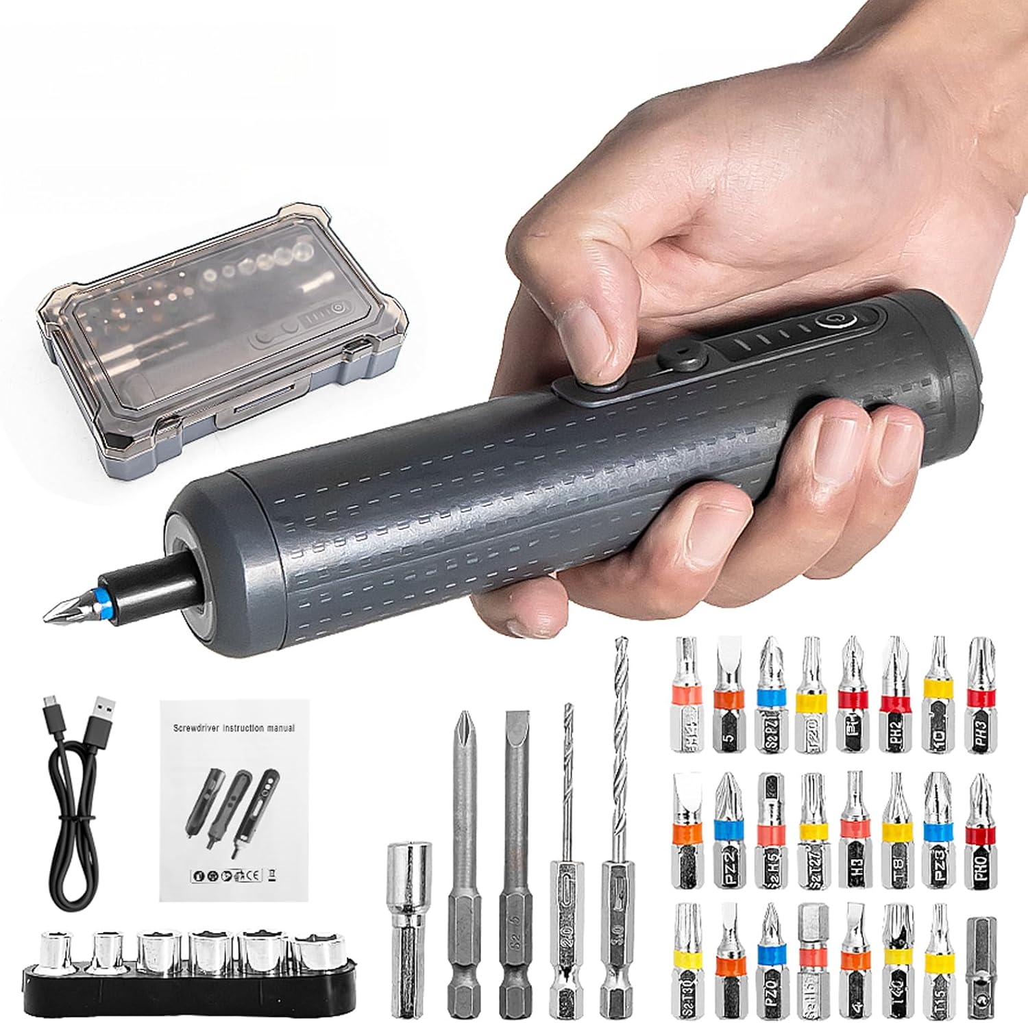Cordless Electric Screwdriver Set Rechargeable Power with 2000mAh Battery Type-C Charging LED Light 39-Piece Home Repair DIY Tool Kit Storage Case