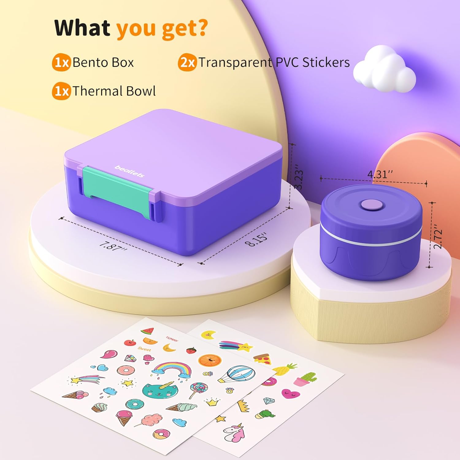 Bento Box for Kids, Lunch Box with Sticker and Leak-Proof Vacuum Food Jar, 4 Compartment BPA-Free Toddler Bento Box for School, Machine-Washable and Removable Compartments for Boy(Purple)