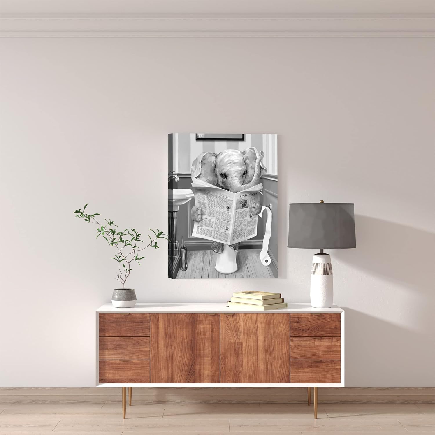 Funny Elephant Wall Decor Black and White Wall Art Pictures Wall Decor Reading Newpaper on Toilet Painting Canvas Prints Bathroom Decor 12 * 16inch Framed