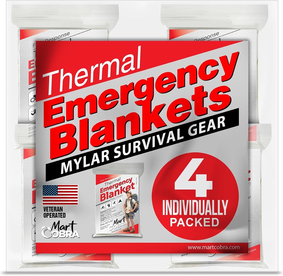 Manta de emergencia Mylar Thermal Space Survival Gear & Supplies Paquete de 4 láminas | Clima frío, corte de energía, Camping, coche, tormenta de invierno, calor, reflectante, senderismo, mochilero, primeros auxilios, preparador de maratón