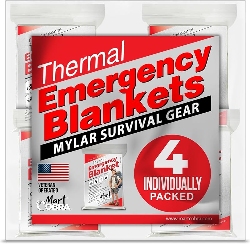 Manta de emergencia Mylar Thermal Space Survival Gear & Supplies Paquete de 4 láminas | Clima frío, corte de energía, Camping, auto, tormenta de invierno, calor, reflectante, senderismo, mochilero, primeros auxilios, preparador de maratón