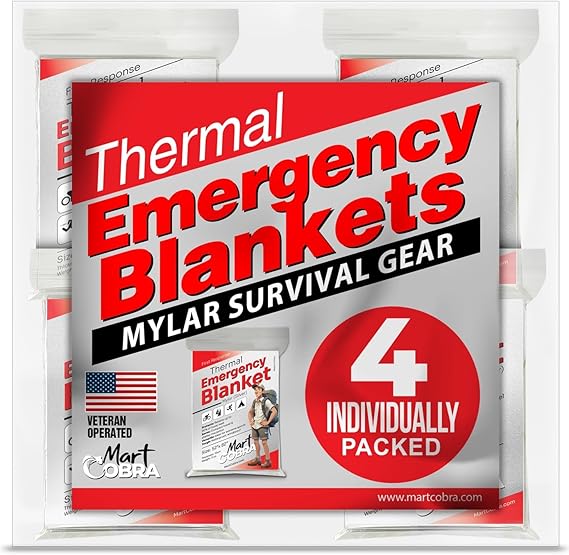 Emergency Blanket 4-Pack Space Mylar Blankets Survival Gear and Supplies Reusable Thermal Camping Hunting Essentials First Aid Car Backpacking Marathon Kit Prepper Go Rave Bug Out Bag Foil Cold Winter