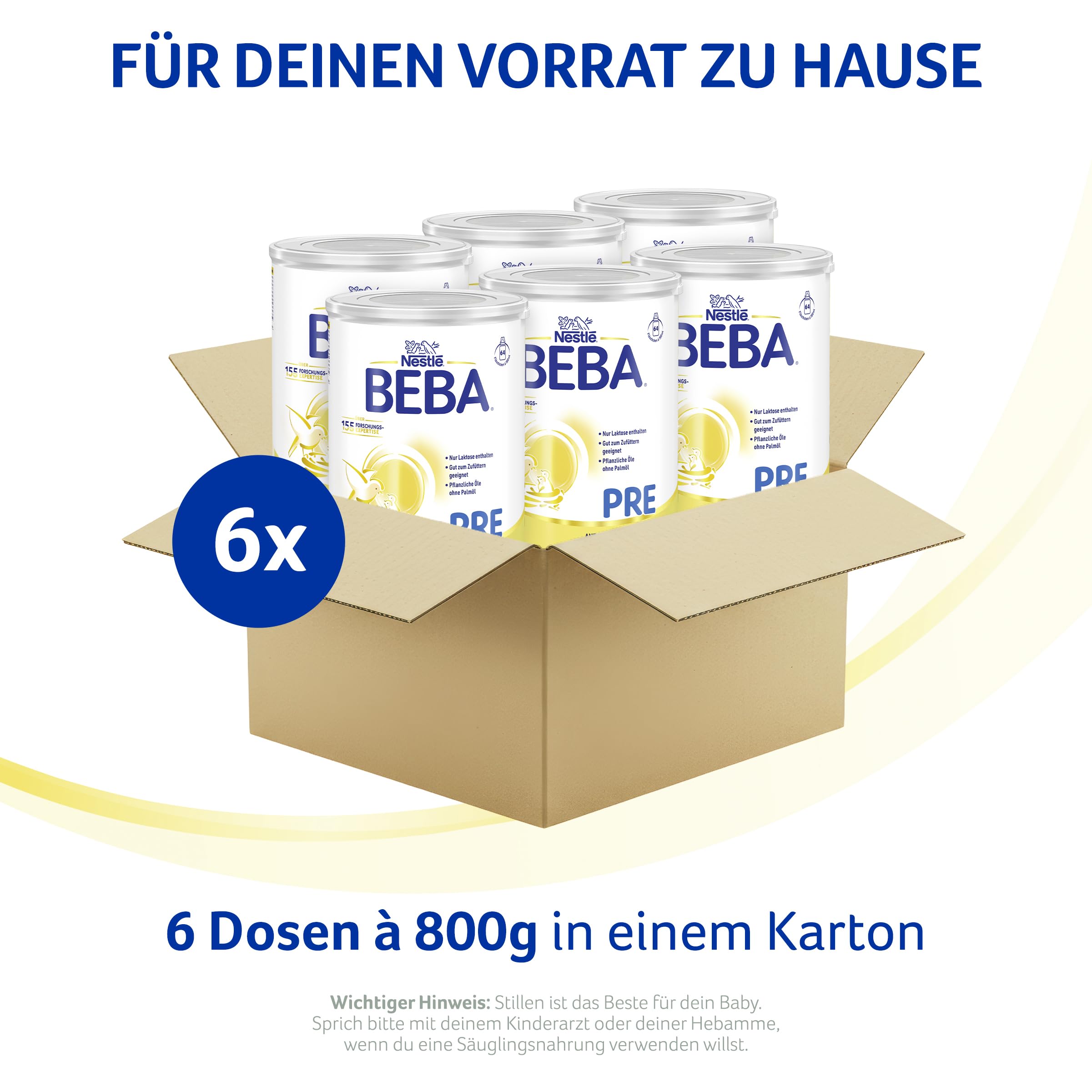 BEBA PRE - Anfangsmilch von Geburt an, Nur Laktose, Ohne Palmöl, Ohne Fischöl, Babynahrung, Baby-Milchpulver, 6er Pack (6 x 800g)
