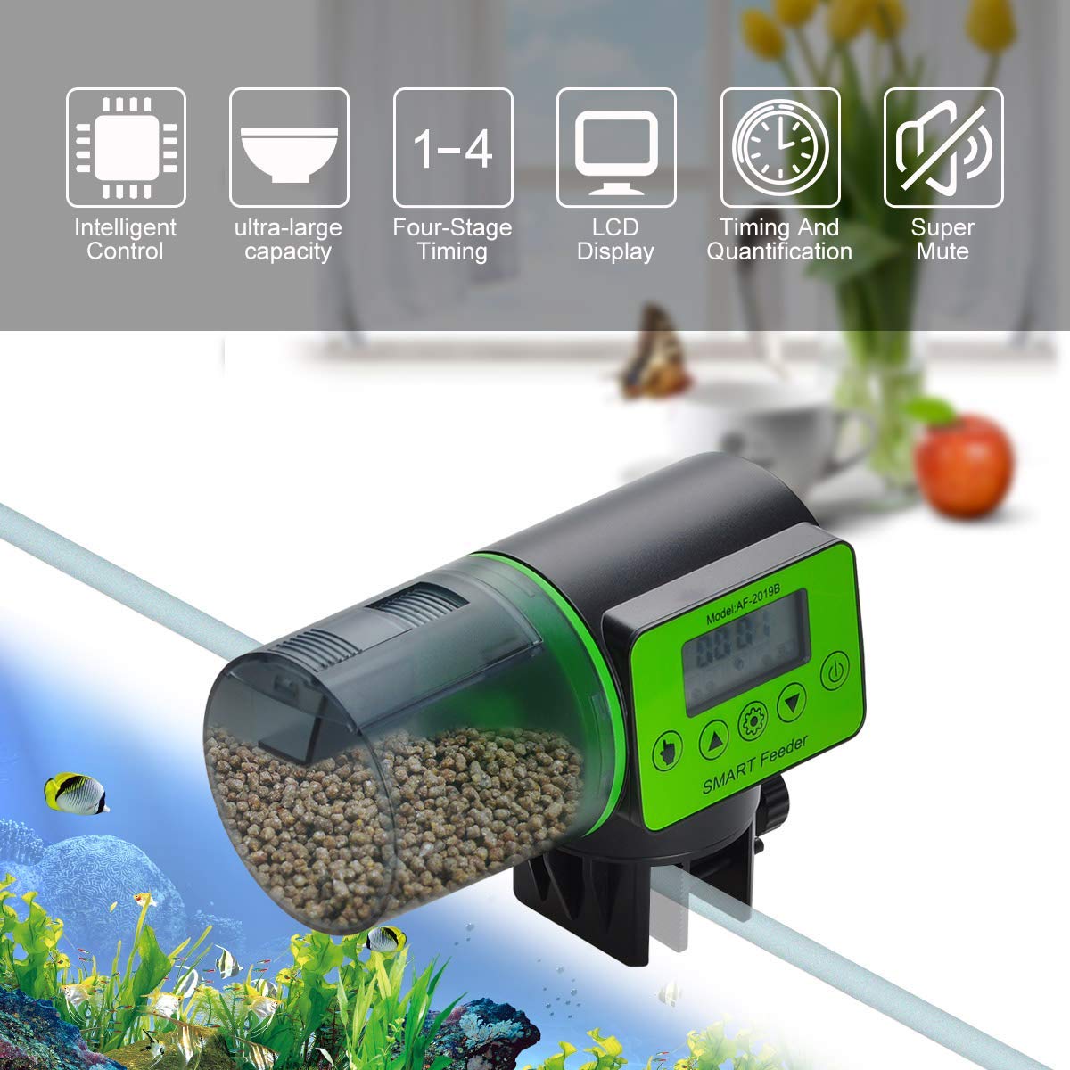 Podazz Alimentador Automático para Acuario de Peces, a Prueba de Humedad, con Temporizador - Dispensador de Alimentos para Días Festivos y Fines de Semana - Verde Claro