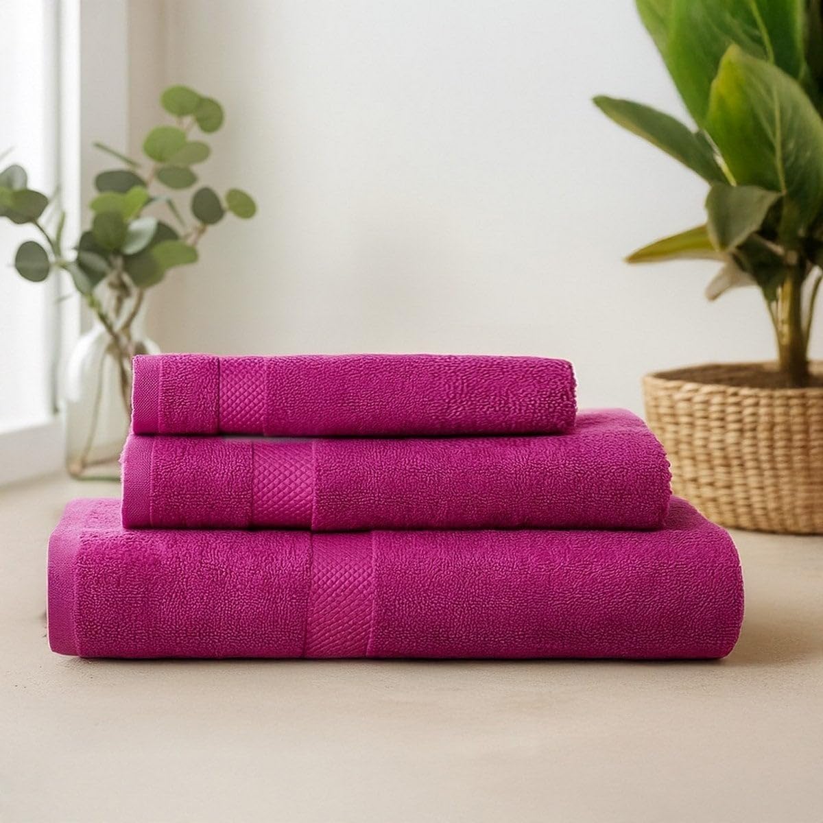 Juego de 6 Toallas de Ducha Grandes Fucsia 100% algodón Rizo 150x100 cm | Tejido suave de gran gramaje con alta absorción. Aptas para lavadora, de uso diario.