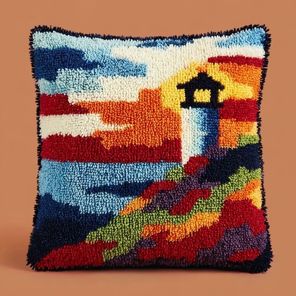 Henypt DIY Latch Hook Kit 43x43cm / 17x17 Inch,Seaside Lighthouse Complete Crochet Rug Kit with Yarns & Hook,Creative Needlework Gift for Family