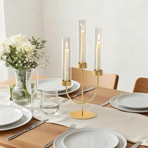 Miniatura 3 de Sziqiqi Candelabro dorado para centro de mesa de boda 3 portavelas de brazo con cilindro para palito de vela cónico - Juego de 2 portavelas de metal