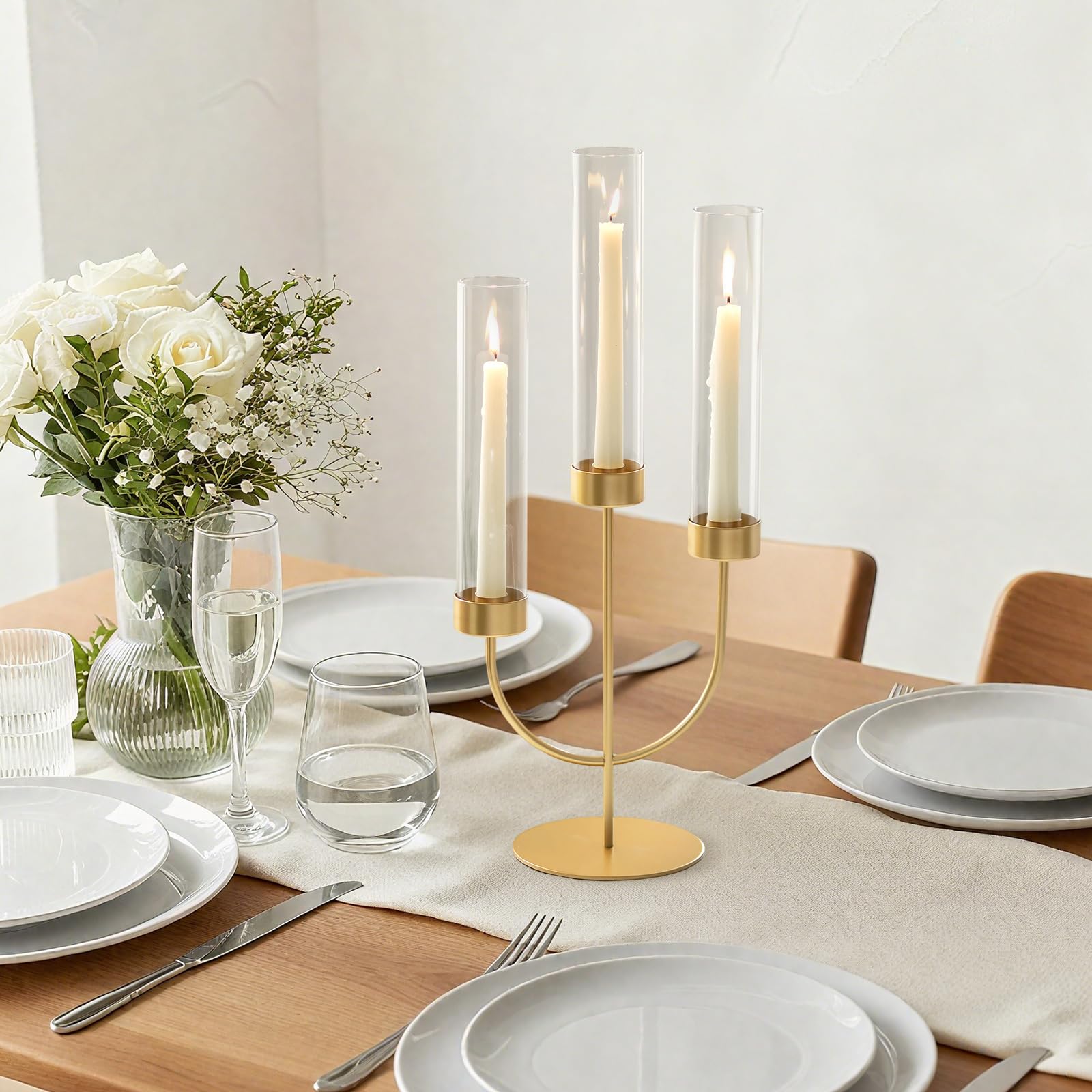 Sziqiqi Candelabro Nero: Portacandele a 3 Bracci con Vetro Hurricane per Centrotavola - Candelabro Gotico in Metallo per Decorazioni Halloween Esterno Cena Camino