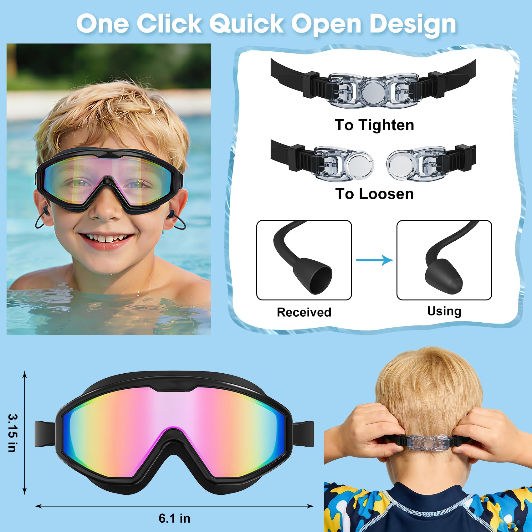 Schwimmbrille für Kinder von 6–14 Jahren, Schwimmbrille mit Ohrstöpseln, Nasenklammer, Anti-Beschlag-UV-Schutz, Weitsicht, großer Rahmen, Pool, Wasser, Kinderbrille für Jungen, Mädchen