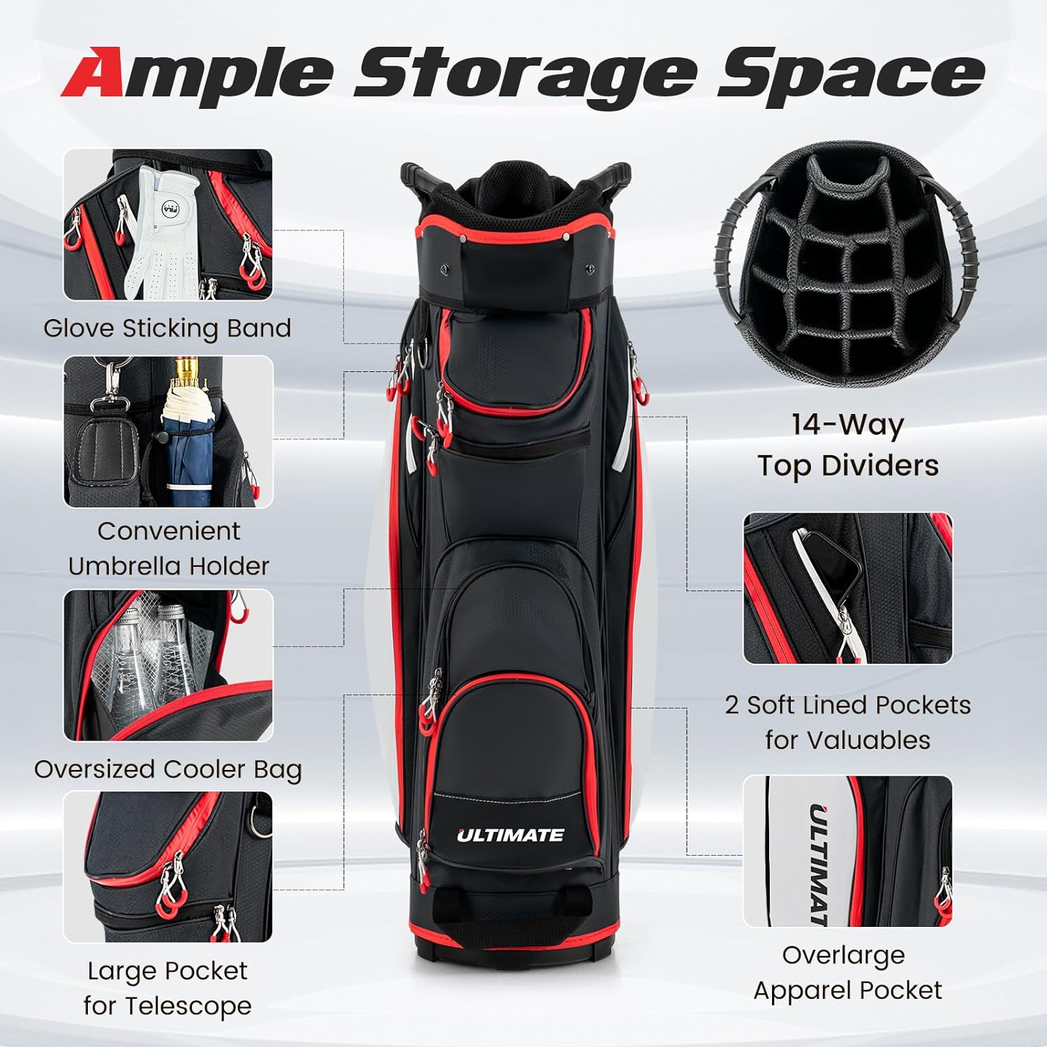 ULTIMATE Golf Cart Bag, 14 Way Top Dividers Golf Carry Bag w/Pockets & Umbrella Holder, Portable Golf Club Bag w/Soft Shoulder Strap & Rain Hood, Lightweight Golf Bag for Women & Men